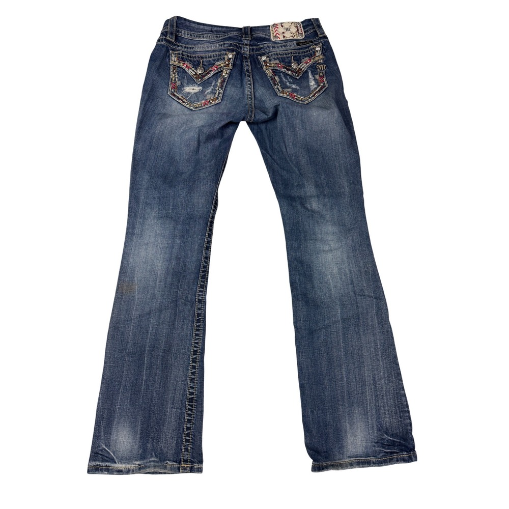 Miss Me Mid Rise Easy Boot Jeans 28 Dark Wash Embellished Distressed Bootcut